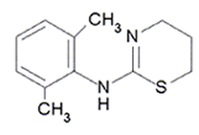 Structural Formular Xylazine HCl andyr. (5,6-Dihydro-2(2,6-xylidino)-4H-1,3-thiazin) a very common, antagonist sedative, muscle relaxant and analgetic for pet and companion animals